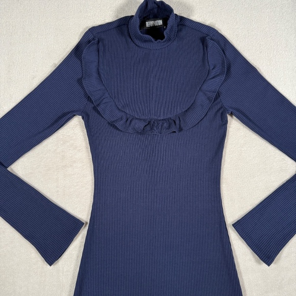Reformation Dress Womens Small Navy Greer Mock Neck Ribbed Long Sleeve Mini - Picture 4 of 13